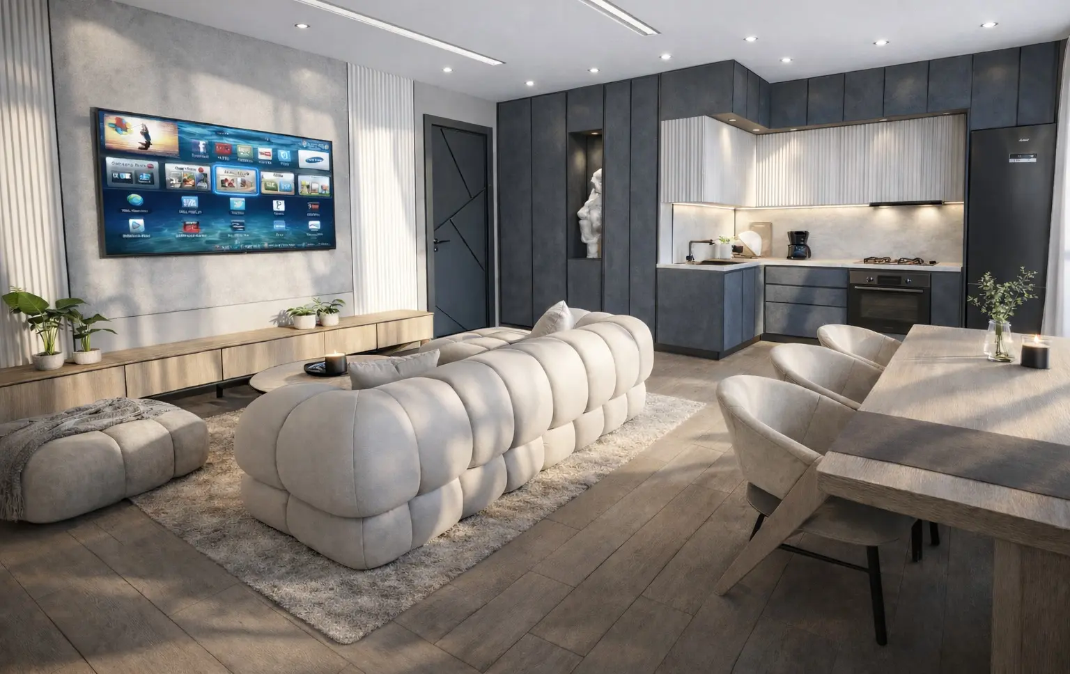 Berçem İnşaat Nova Projesi Kıbrıs geniş ve modern salon tasarımı